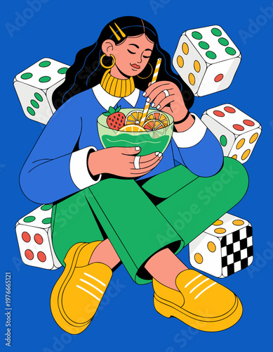 Female character enjoying a colorful fruit cocktail while sitting cross-legged among dice on a vibrant blue background, showcasing balance and calm in a playful setting, amidst a game of chance