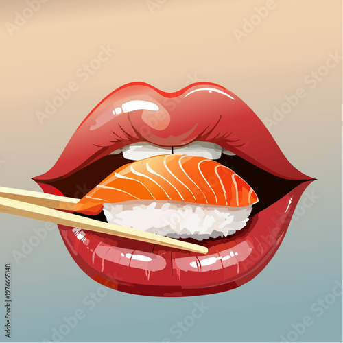 Close up of red lips gently biting into sushi nigiri held by chopsticks, showcasing the texture of rice and salmon in a vibrant, colorful illustration