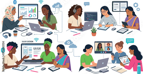 Diverse Women in Tech Collaboration Set with UI UX Design Coding Remote Work Digital Communication and Teamwork Illustration Collection