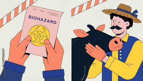 Close up split composition showing hands holding a biohazard document during Foot-and-mouth disease (FMD) on one side and a farmer in gloves petting a black cow on the other side