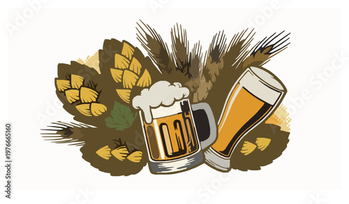 Bold retro beer vector set with hops malt and mug in halftone vintage brewing poster style