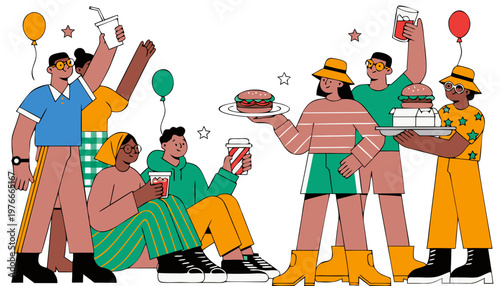 Diverse group of young adults colleagues celebrating Labor Day with food and drinks, featuring hamburgers, beverages, and festive balloons in a vibrant outdoor setting