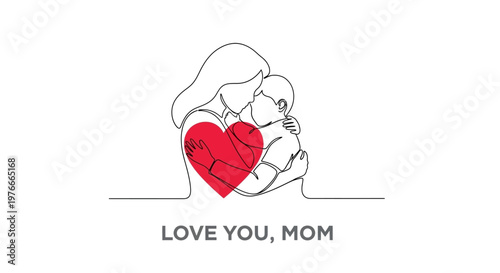 Mother and baby love heart one line art illustration