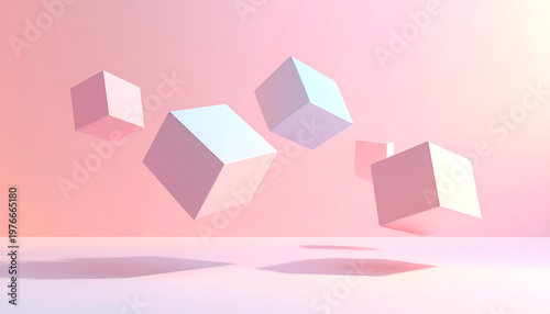 Floating white cubes in pink background.
