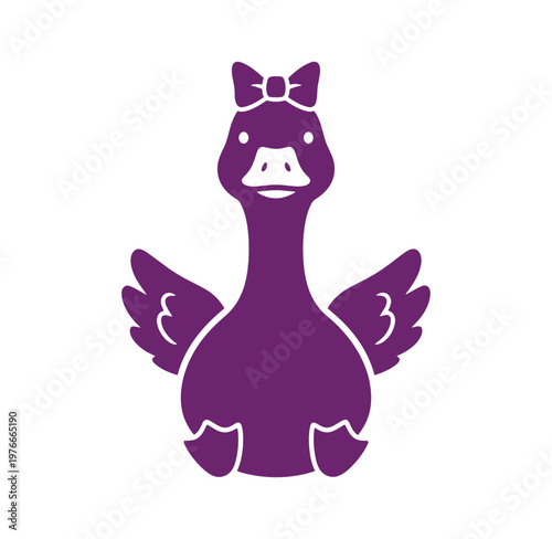 Purple duck with bow on head and outstretched wings on white background