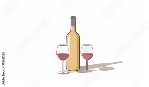 Minimal hand drawn wine bottle and glasses vector in retro artistic style isolated clean still life design