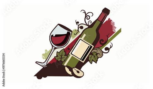 Bold retro wine still life vector with bottle glass grapes and halftone shadow vintage poster style