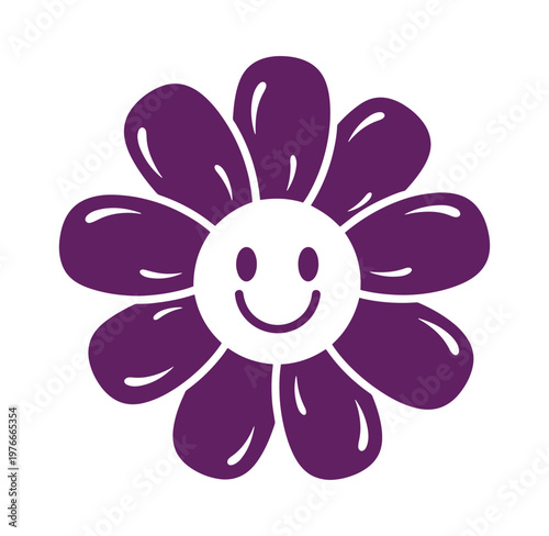 Purple flower with smiley face on white background