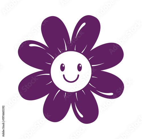 Purple flower with smiling face on white background