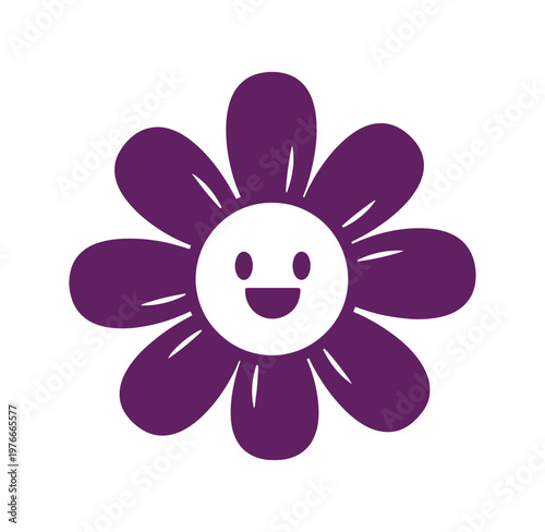 Purple smiling flower icon with white center and petals isolated on white background