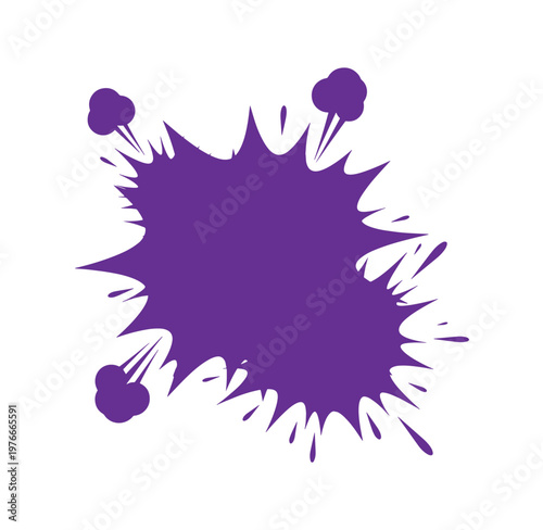 Purple splash shape with three round splatter elements on white background