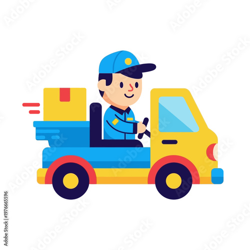 Illustration of a smiling delivery man driving a yellow truck with a package on the back