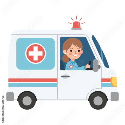 Illustration of a smiling female paramedic driving an ambulance with a red cross symbol on its side, ready for an emergency response