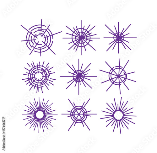 Purple sunburst shapes with lines radiating from center in various designs
