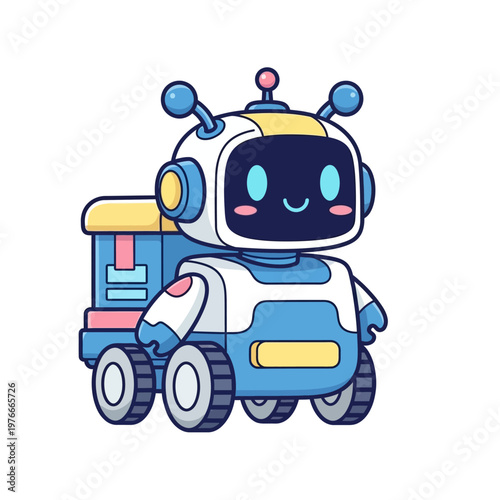 Cute anthropomorphic robot with a happy expression, designed in a simple, cartoonish style with a friendly blue and white color palette
