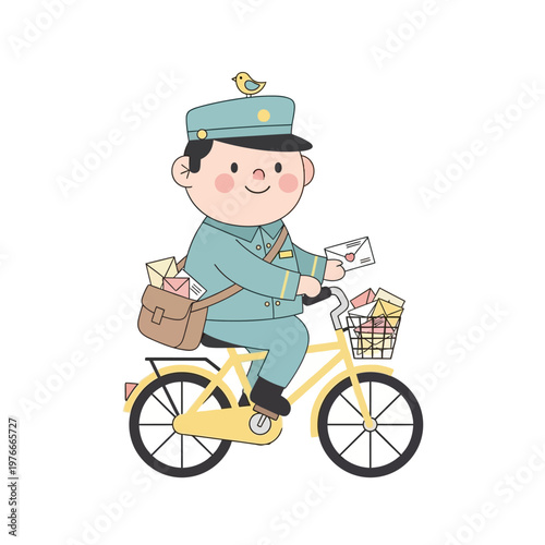 Cartoon mailman on a bicycle delivering letters and packages, representing postal service and efficient delivery