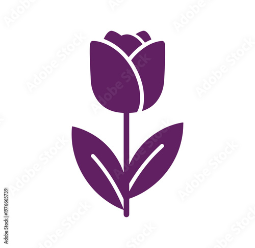 Purple tulip flower icon with leaves isolated on white background
