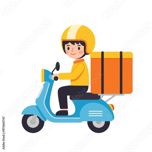 Delivery person riding a scooter with a large insulated box on the back, perfect for food delivery services