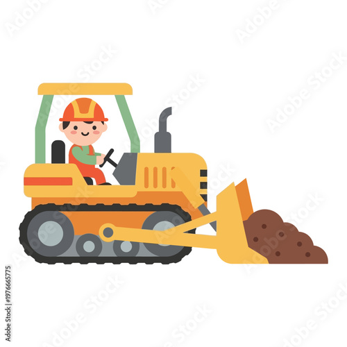 A cheerful construction worker driving a yellow bulldozer, excavating dirt with its front loader, depicting heavy machinery at a worksite