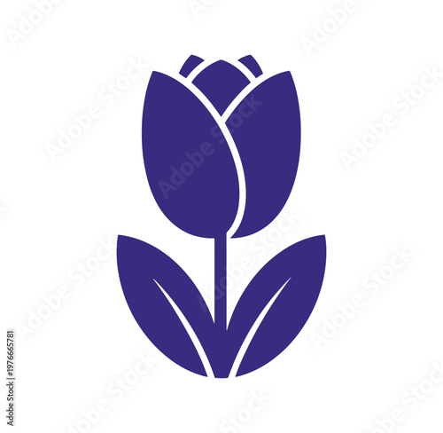 Purple tulip flower icon with leaves on white background