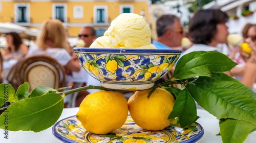 Lemon sorbet in ceramic bowl from Amalfi Coast