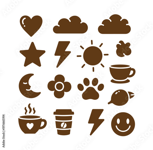 Various cute brown icons on white background including weather symbols food and drink items and emoticons