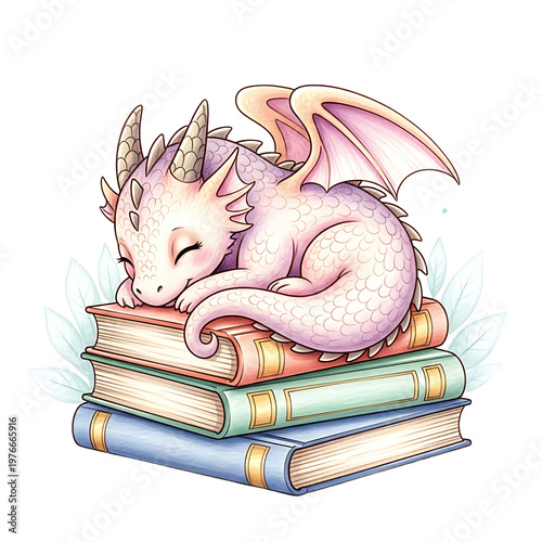 Cute baby dragon sleeping peacefully on a stack of colorful books.