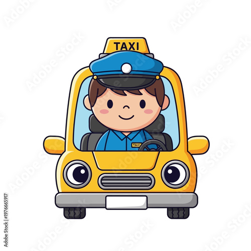 Charming Cartoon Taxi Driver in Yellow Cab, Ready for Service
