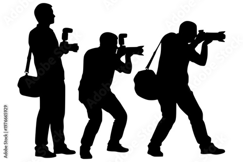 Three photographers silhouettes in different shooting poses with DSLR cameras, flash and camera bags, professional paparazzi crew bold black flat illustration isolated on background