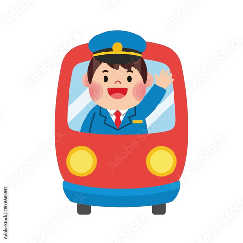Charming cartoon bus driver waving from the window of a red bus, perfect for educational or transportation-themed designs