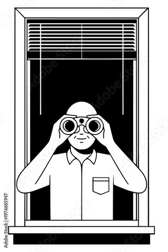 Vector illustration of a man looking through binoculars from a window. High-contrast line art of a person observing or spying.