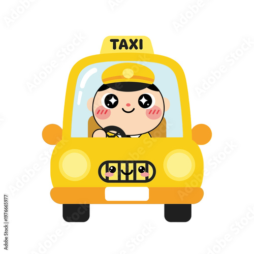 Cute cartoon taxi driver in a yellow car illustration