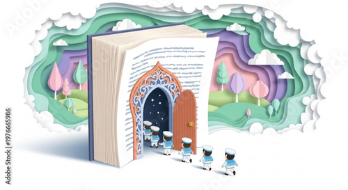 Children walking through magical door inside open book paper craft