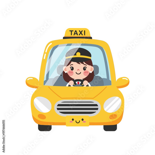 Cartoon yellow taxi with a driver wearing a cap and uniform, ready to transport passengers in a city