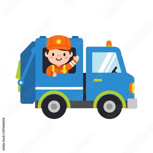 Friendly cartoon waste collector in a bright blue garbage truck, cheerfully waving and representing essential public works and community service for cleanliness