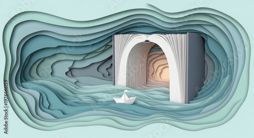 Paper craft art of a tiny paper boat sailing into an open book