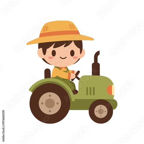 Charming illustration of a young farmer joyfully driving a green tractor through a field, embodying the spirit of rural life and agricultural work