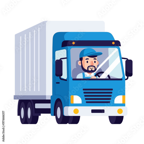 Professional delivery truck driver smiling at the wheel of a blue cargo vehicle. Representing efficient transport, logistics, and moving services with a dedicated worker's attitude
