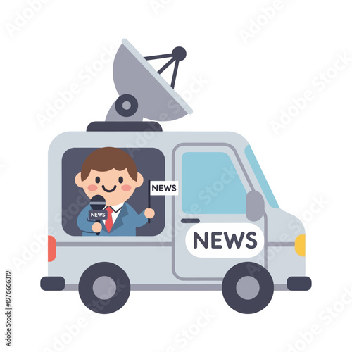 Diligent broadcast journalist on assignment, actively working from a mobile news van to cover breaking stories and deliver live reports