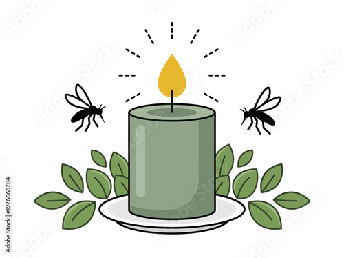 Citronella Candle with Mosquitoes and Green Leaves Vector Illustration for Natural Insect Repellent Concept