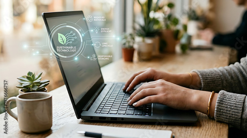 Person typing on laptop with digital leaf icon, symbolizing eco-friendly technology and sustainability