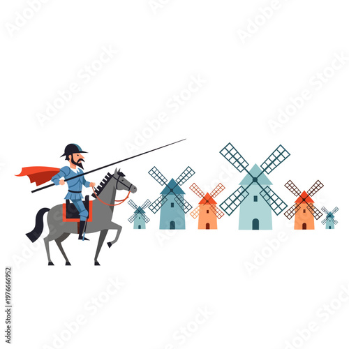 Don Quixote rides horse celebrating Castile-La Mancha Day with windmills