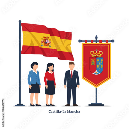 People celebrate Castile-La Mancha Day with Spanish flag and coat