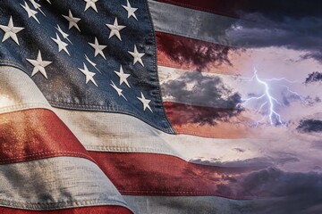 American flag with lightning in sky