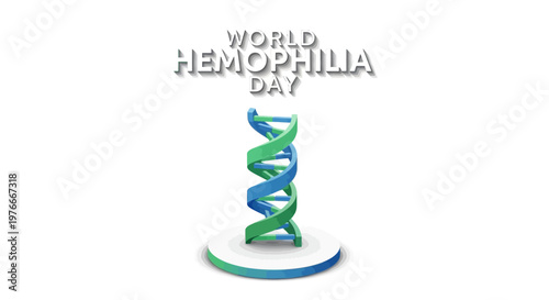 A stylized vector illustration commemorates World Hemophilia Day, showcasing a DNA strand rendered in shades of green and blue, set against a clean, white background to promote medical