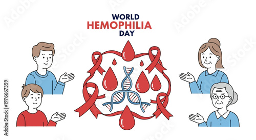 Illustrated vector design for World Hemophilia Day featuring a central graphic of red awareness ribbons, blood drops, and a DNA strand, surrounded by diverse individuals in a supportive