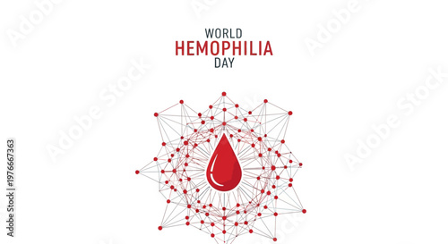 Minimalist vector illustration promoting World Hemophilia Day featuring a stylized red blood drop surrounded by a connected network of dots, set against a clean white background