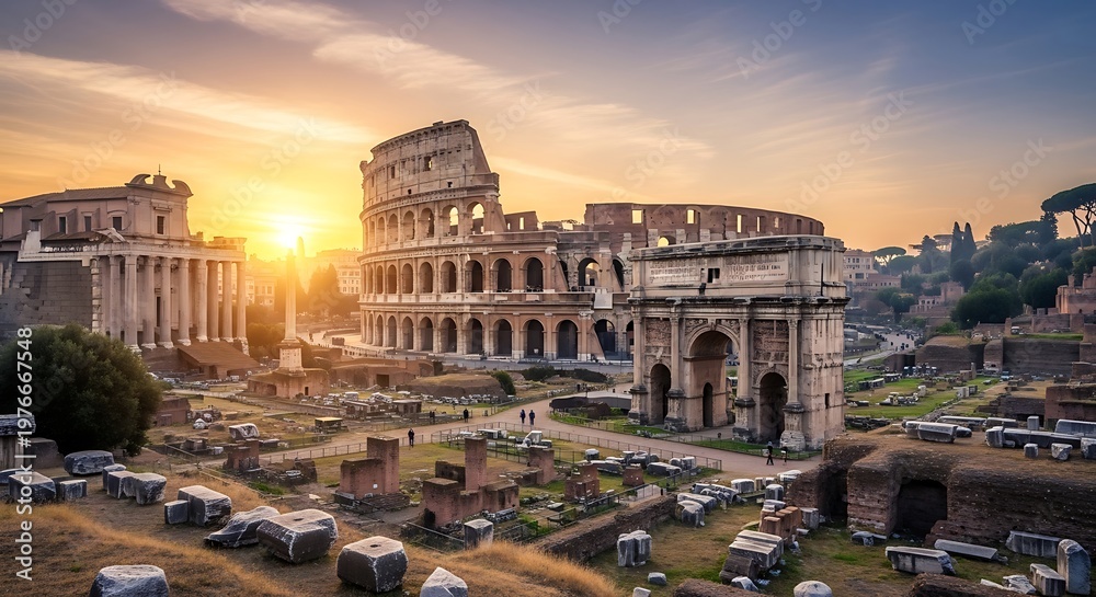 Fototapeta premium Ancient architecture structures colosseum sunset sky historical ruins landscape