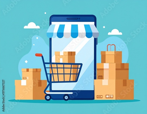 Modern Online Store Concept with Smartphone and Cart Vector Design