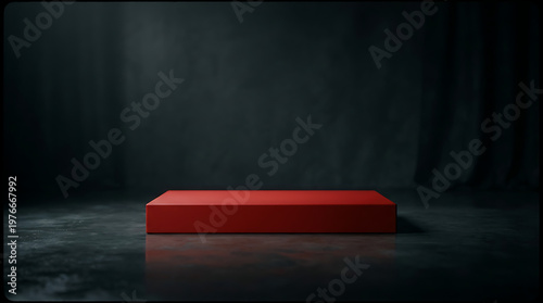 Red pedestal on dark reflective floor, spotlighted in studio, empty stage for product presentation